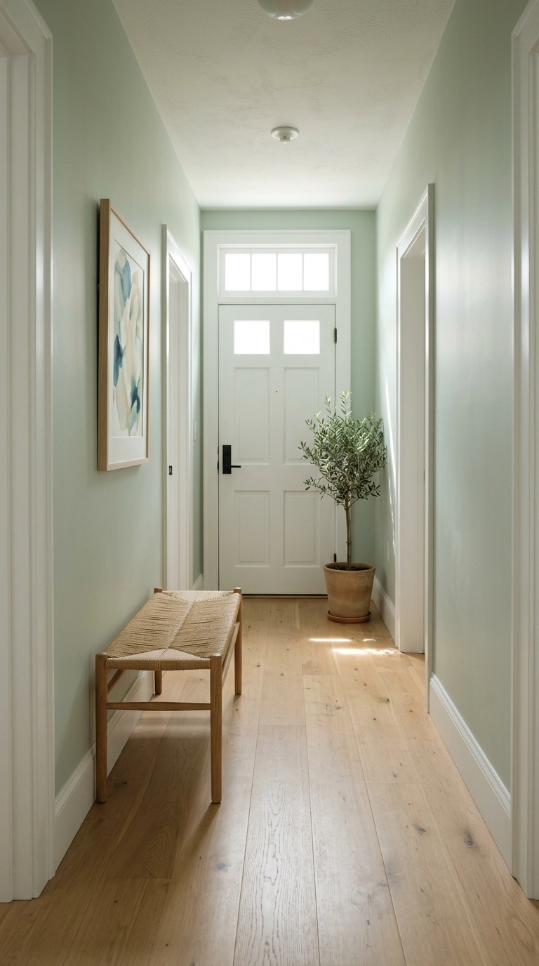 Pale celadon green hallway with white oak floors, a rush-seat bench and a single olive tree