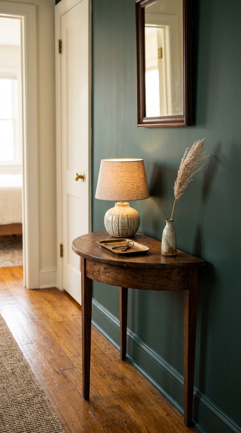 Narrow walnut console table with brass tray and small lamp against a dark spruce green hallway wall