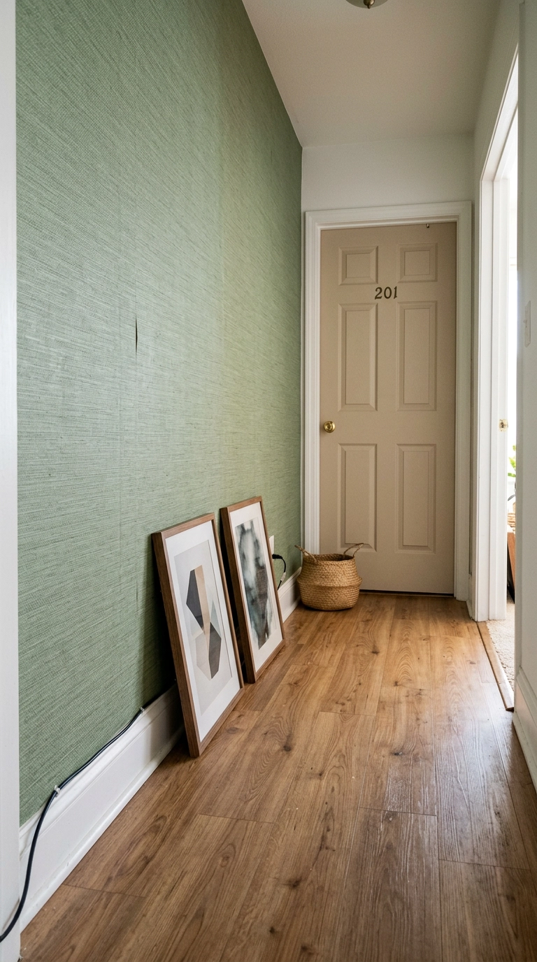 Rental green hallway with removable grasscloth-look green wallpaper and art leaning on the floor