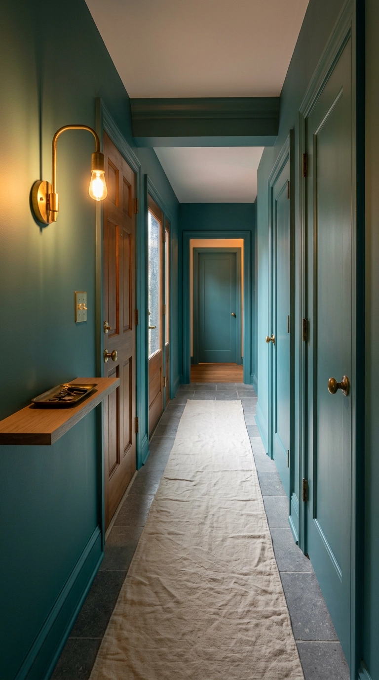 Teal-leaning green hallway with unlacquered brass sconce and hardware over grey limestone tile