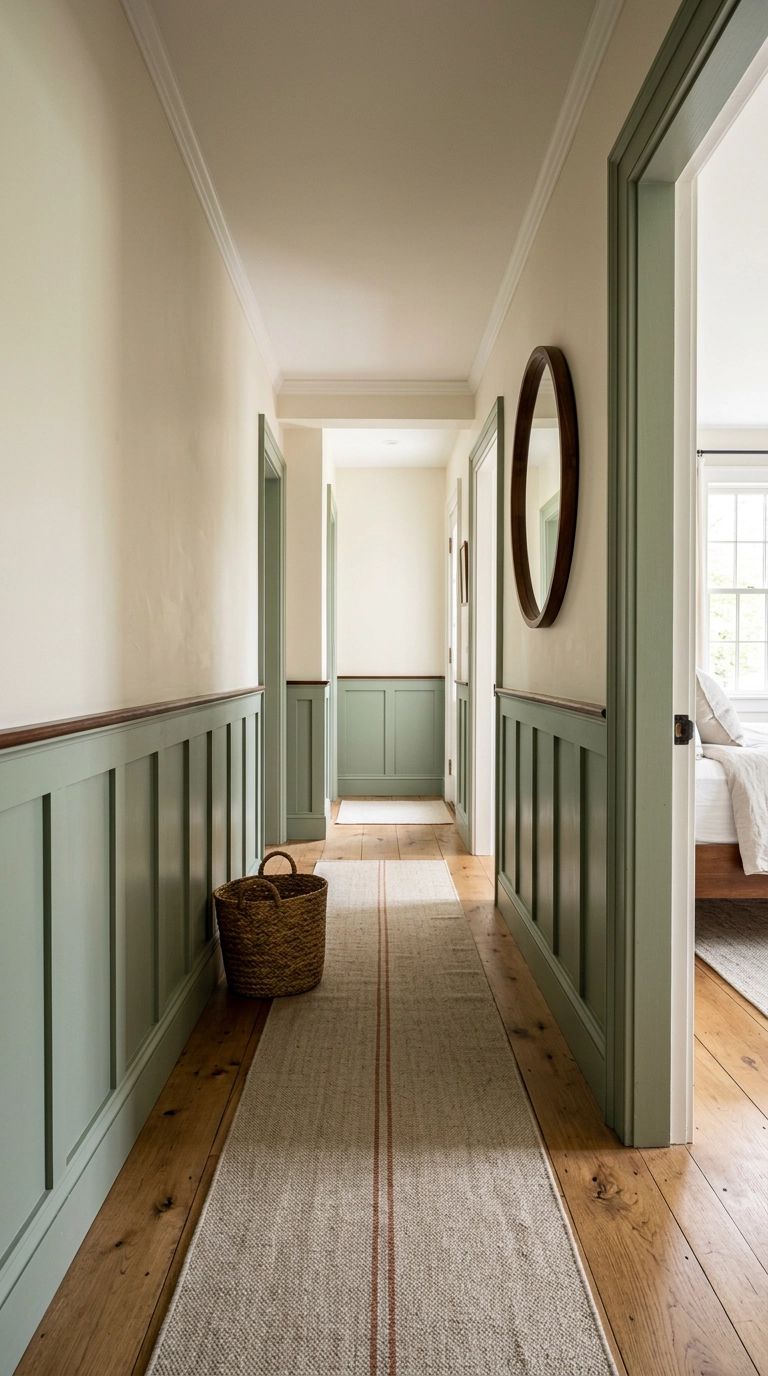 Green hallway with sage board and batten wainscot below a cream upper wall and an oak floor