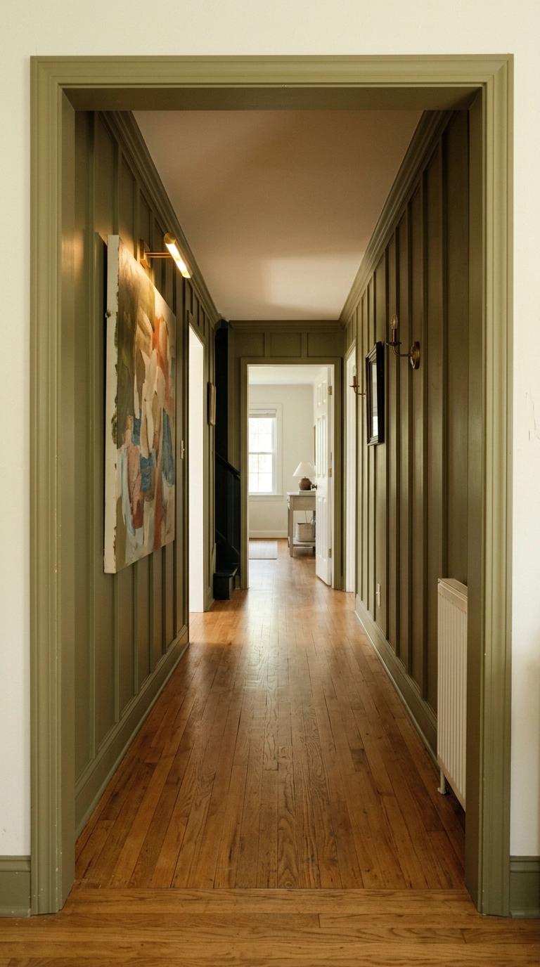 Long green hallway with full-height olive board and batten wall molding and a brass picture light