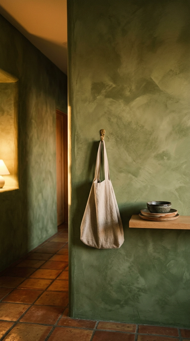 Mottled olive green limewash plaster hallway wall above terracotta clay floor tile