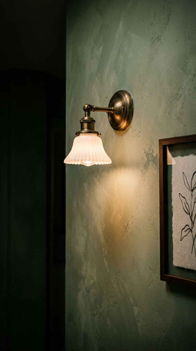 Antique brass sconce with milk glass shade glowing on a mottled sage green hallway wall