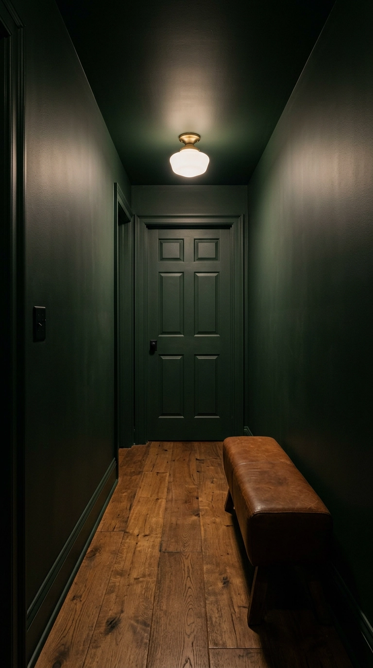 Near-black green windowless hallway with matte black hardware, oak floors and a tan leather bench