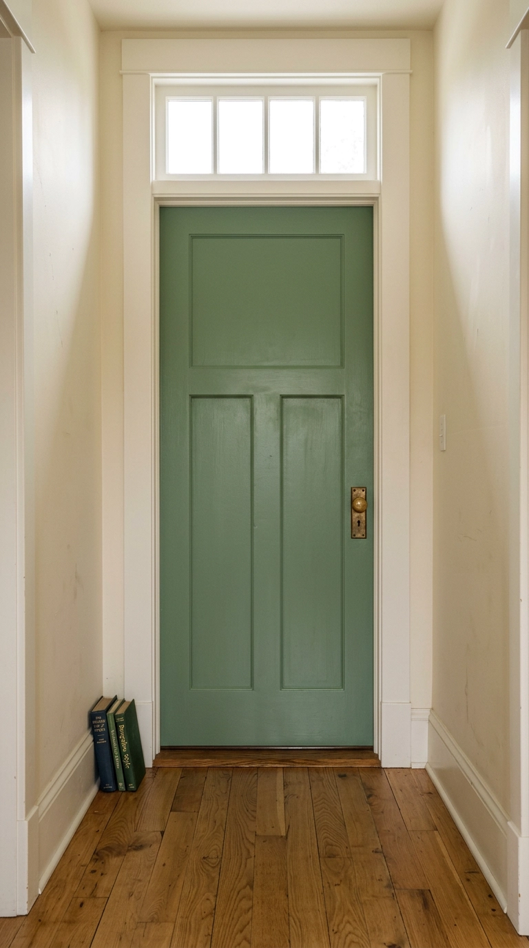 Hallway door and casing painted muted green against creamy off-white walls with brass hardware