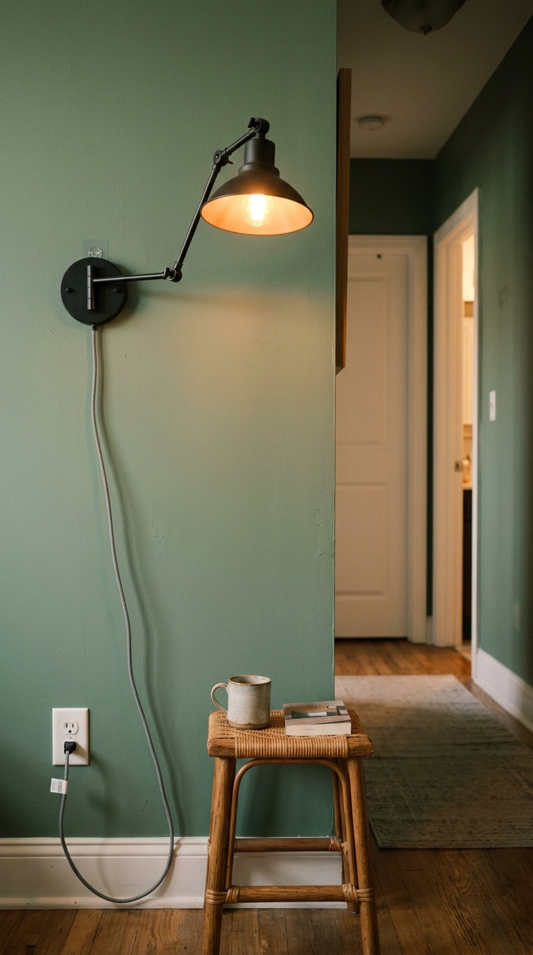 Plug-in black swing-arm wall lamp on a eucalyptus green hallway wall in a rental apartment