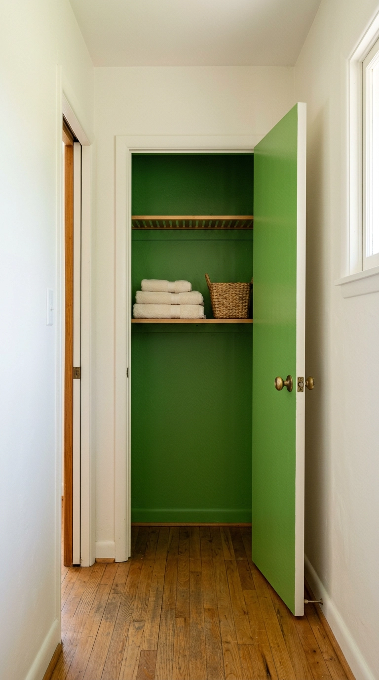Hallway closet with a bright grass green painted interior against soft white hallway walls