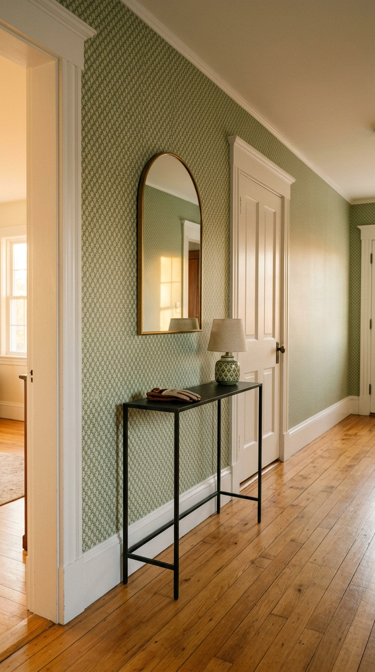 Green and cream trellis wallpaper in a hallway with a slim black console and honey oak floors