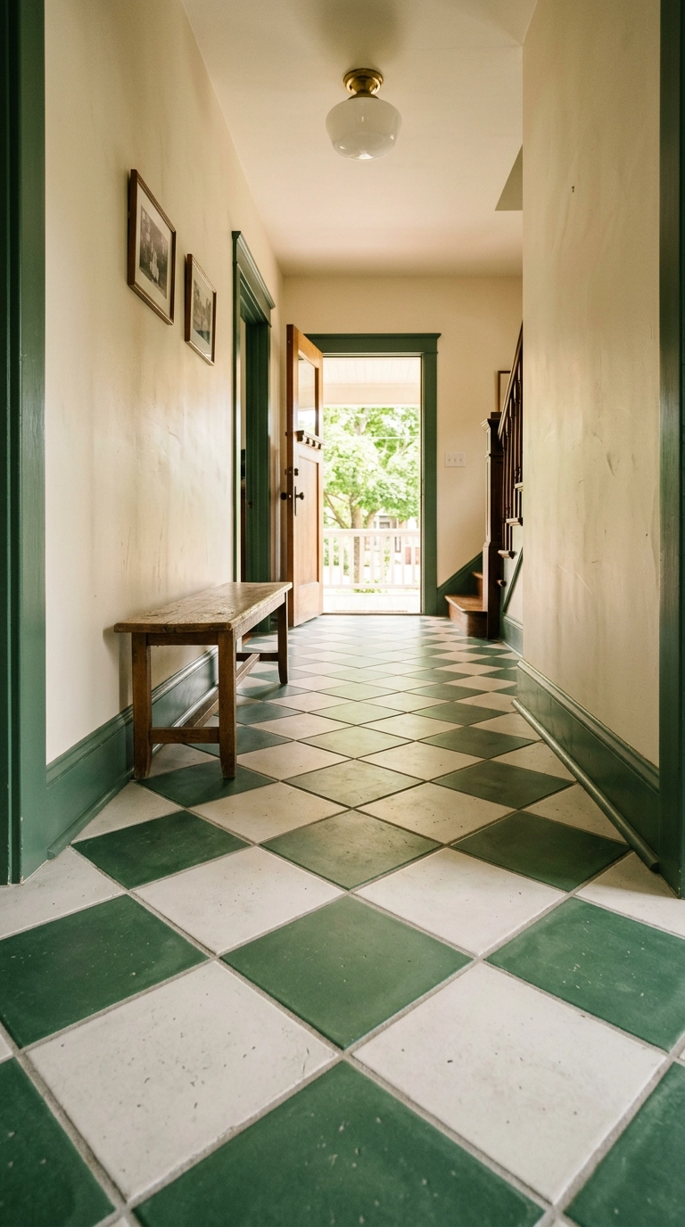 Green and white checkerboard floor tile running down a hallway with cream walls and green baseboard