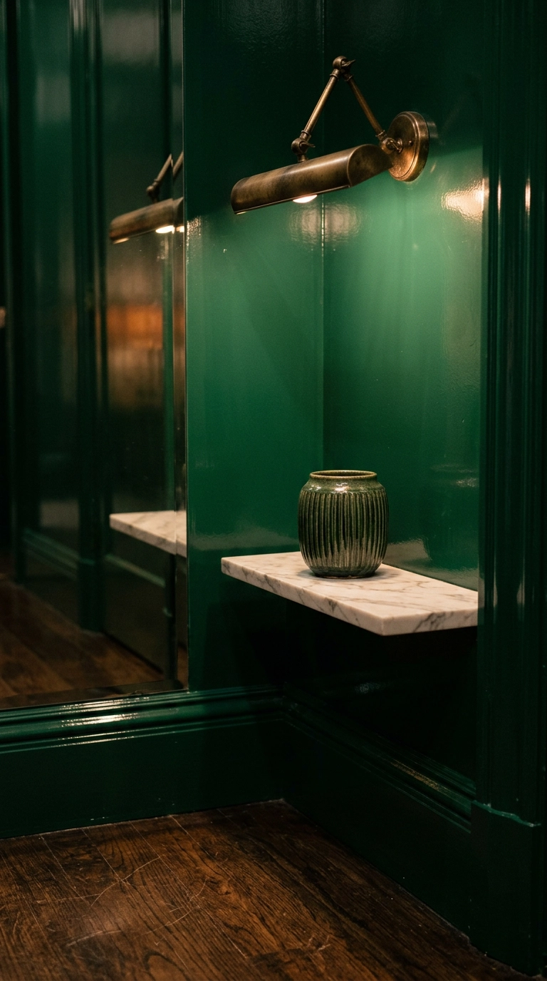 High-gloss emerald green hallway wall reflecting warm light beside a marble ledge and brass light