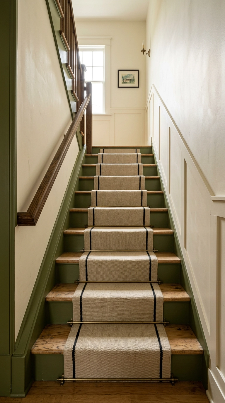 Deep olive green stair risers with natural white oak treads and an oatmeal runner in a hallway
