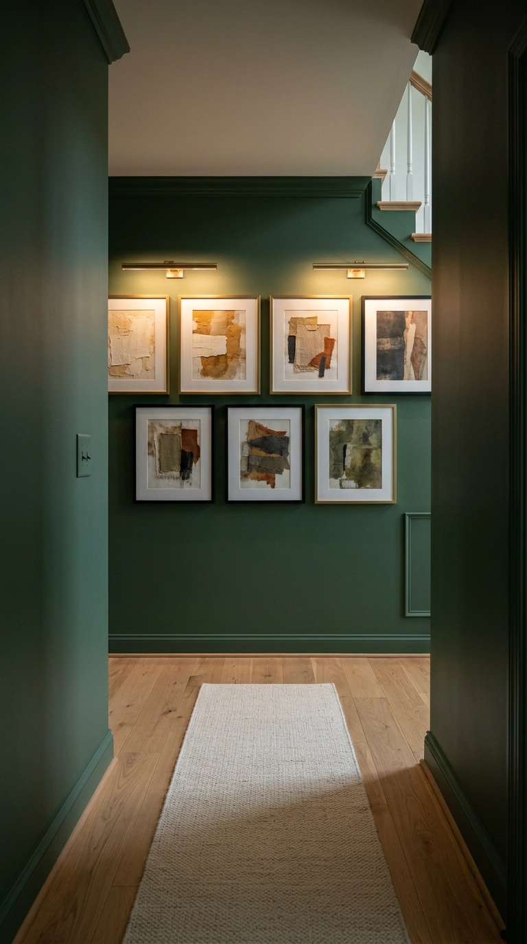 Gallery wall of brass and black frames on a deep pine green hallway wall lit by a picture light