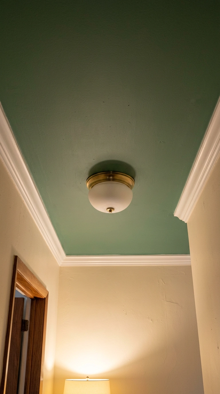 Hallway ceiling painted soft eucalyptus green above cream walls with a brass dome light fixture