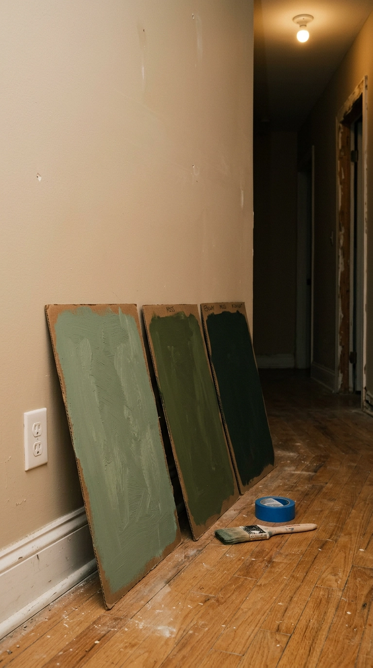 Three large green paint sample boards leaning against a hallway wall under warm evening light