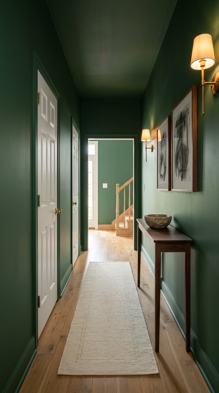 Narrow green hallway color drenched in deep forest green with white oak floors and a brass sconce