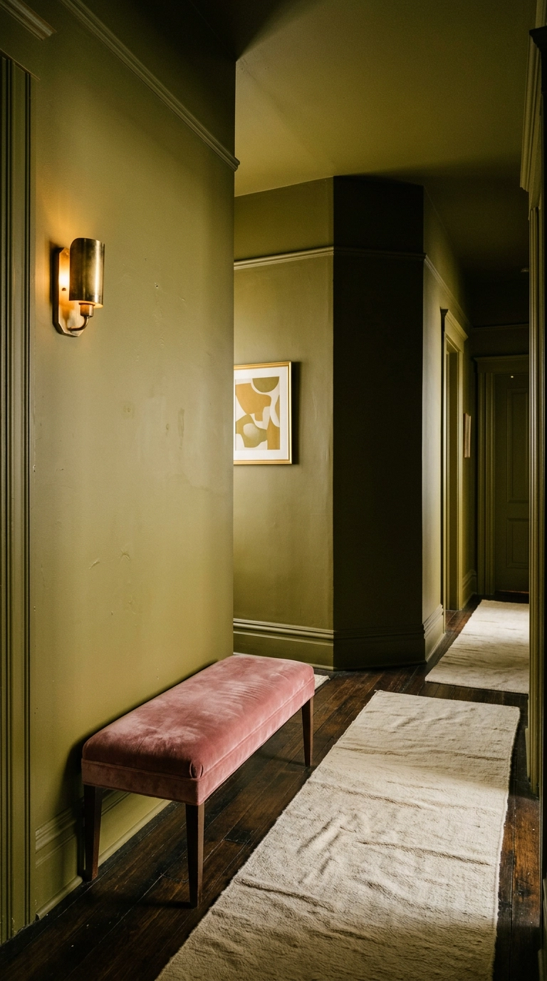 Olive green hallway with a dusty rose pink velvet bench and brass sconce over a cream runner