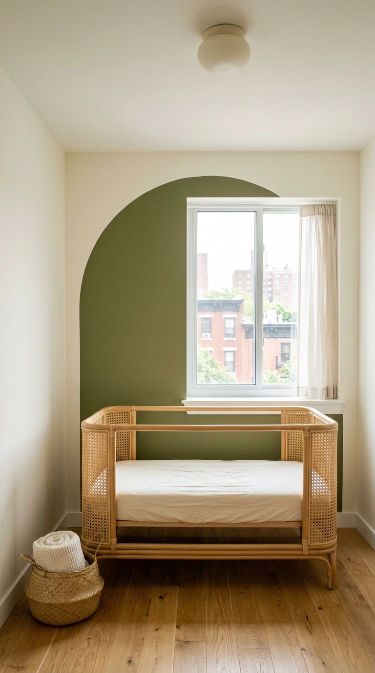 Olive green painted arch on the wall behind a rattan cane crib in a small green nursery