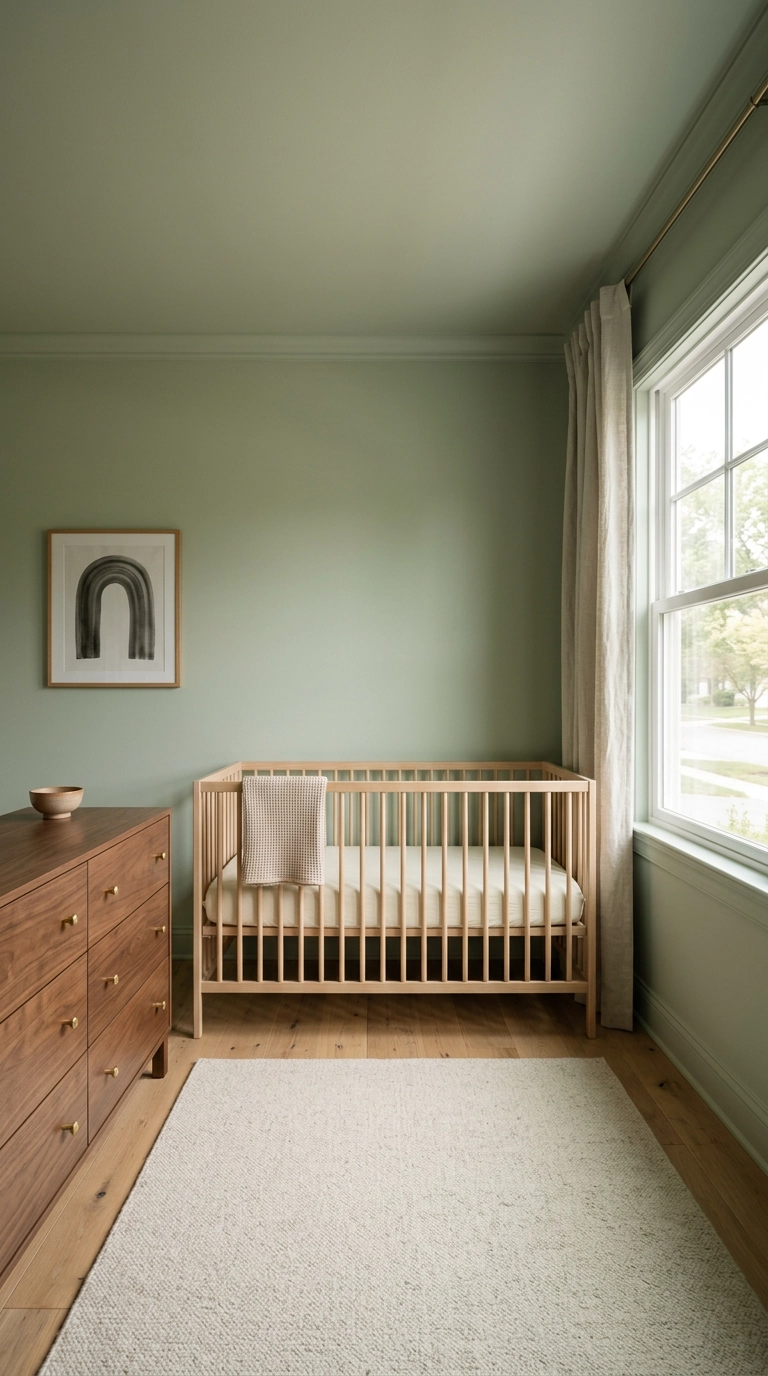 Sage green nursery with walls trim and ceiling painted the same soft green, white oak crib, and walnut dresser
