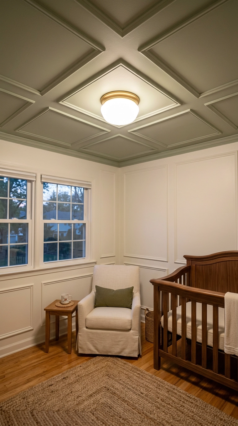Sage green picture-frame molding squares on a nursery ceiling above a walnut crib