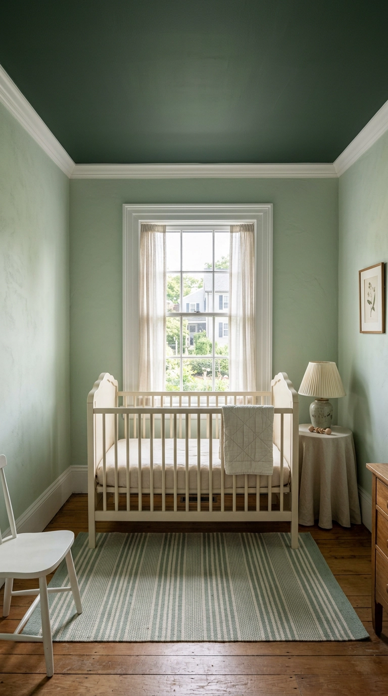 Green nursery with pale celadon walls and a deep hunter green painted ceiling above a cream crib