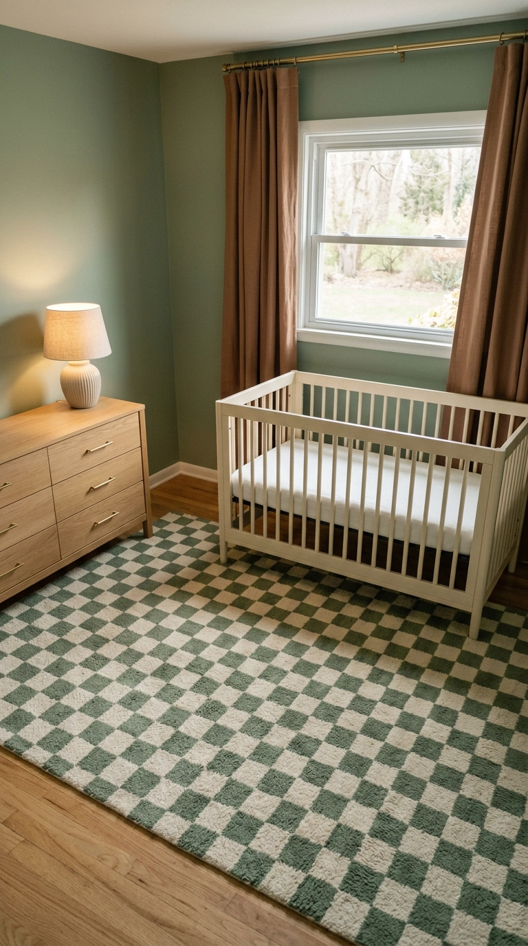 Sage green and cream checkerboard wool rug under a cream crib in a green nursery
