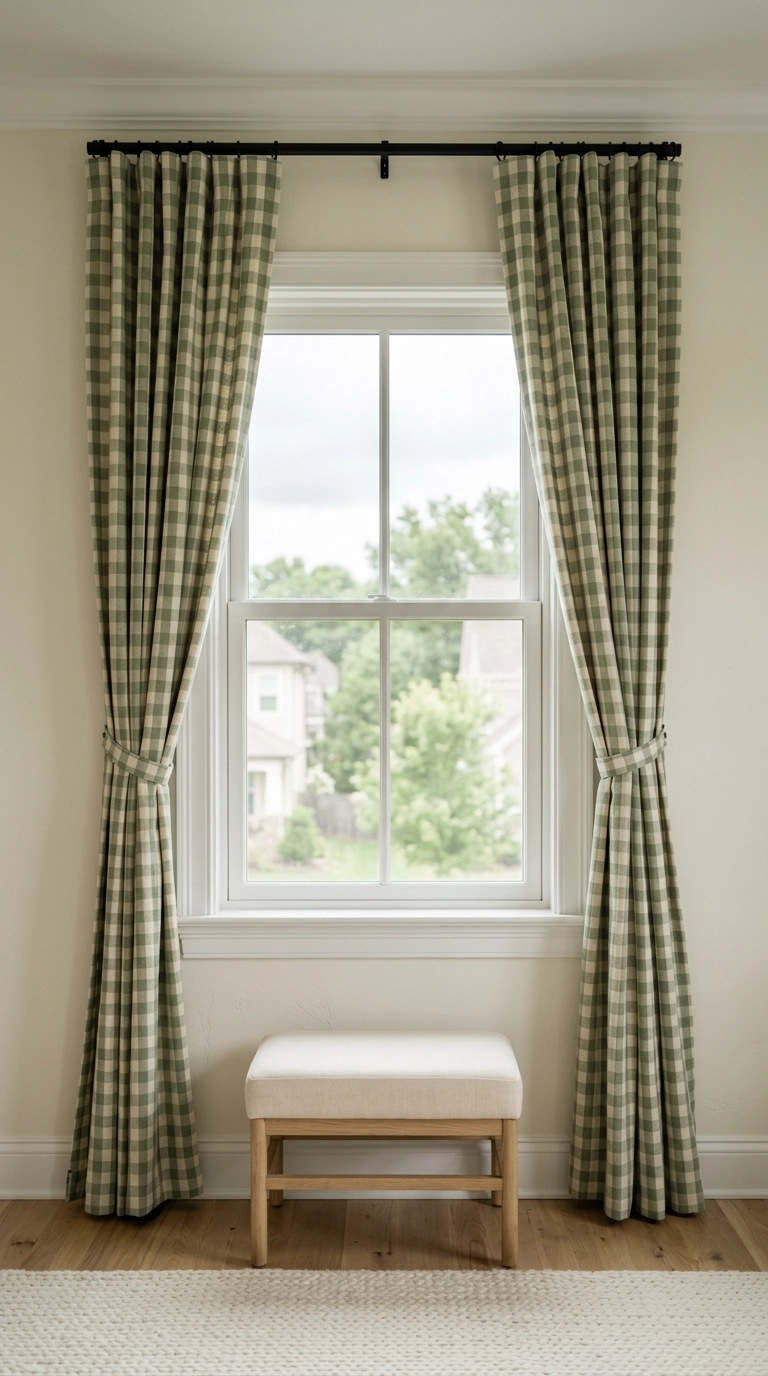 Sage green gingham blackout curtains mounted high above a nursery window