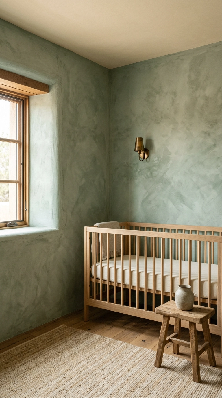 Eucalyptus green limewash walls with a mottled finish in a green nursery with an oak crib