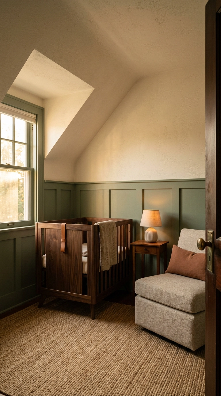 Green nursery with eucalyptus board and batten wall molding on the lower third of the wall and a walnut crib