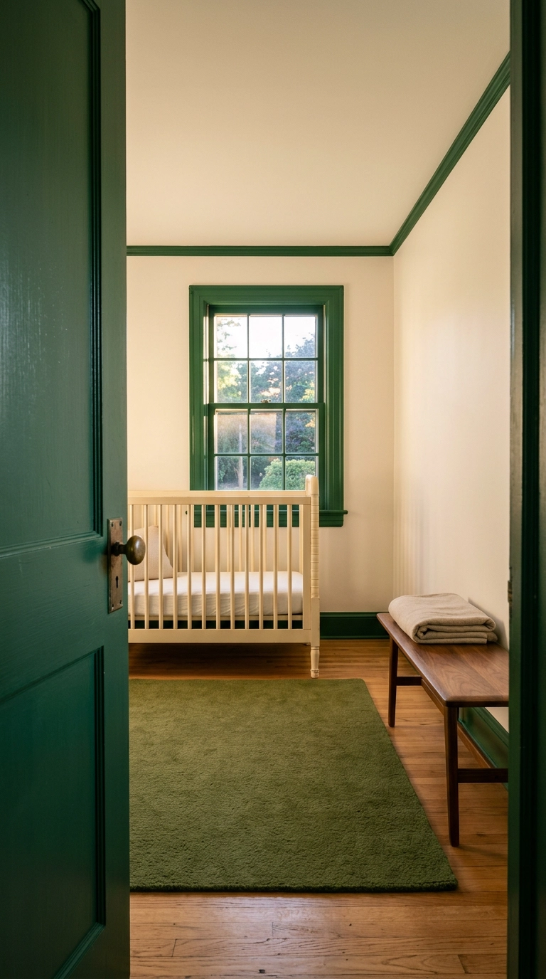 Hunter green painted trim and door against white walls in a green nursery