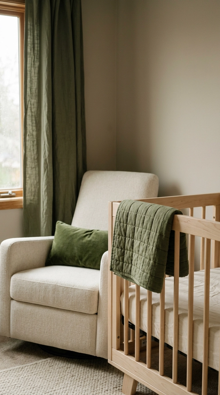 Moss green blanket, curtain, and lumbar pillow adding green to a nursery with unpainted greige walls