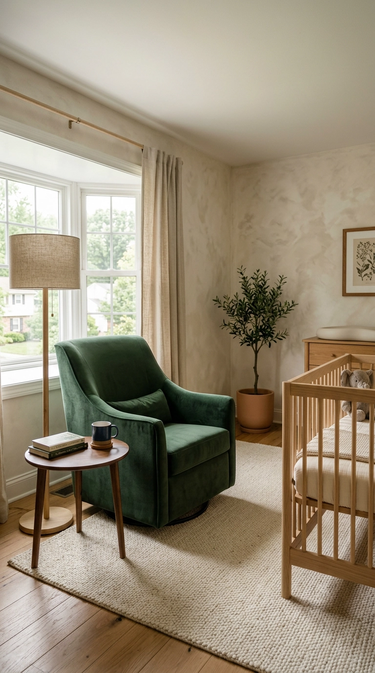 Hunter green velvet glider chair as the focal point in a green nursery with limewash plaster walls