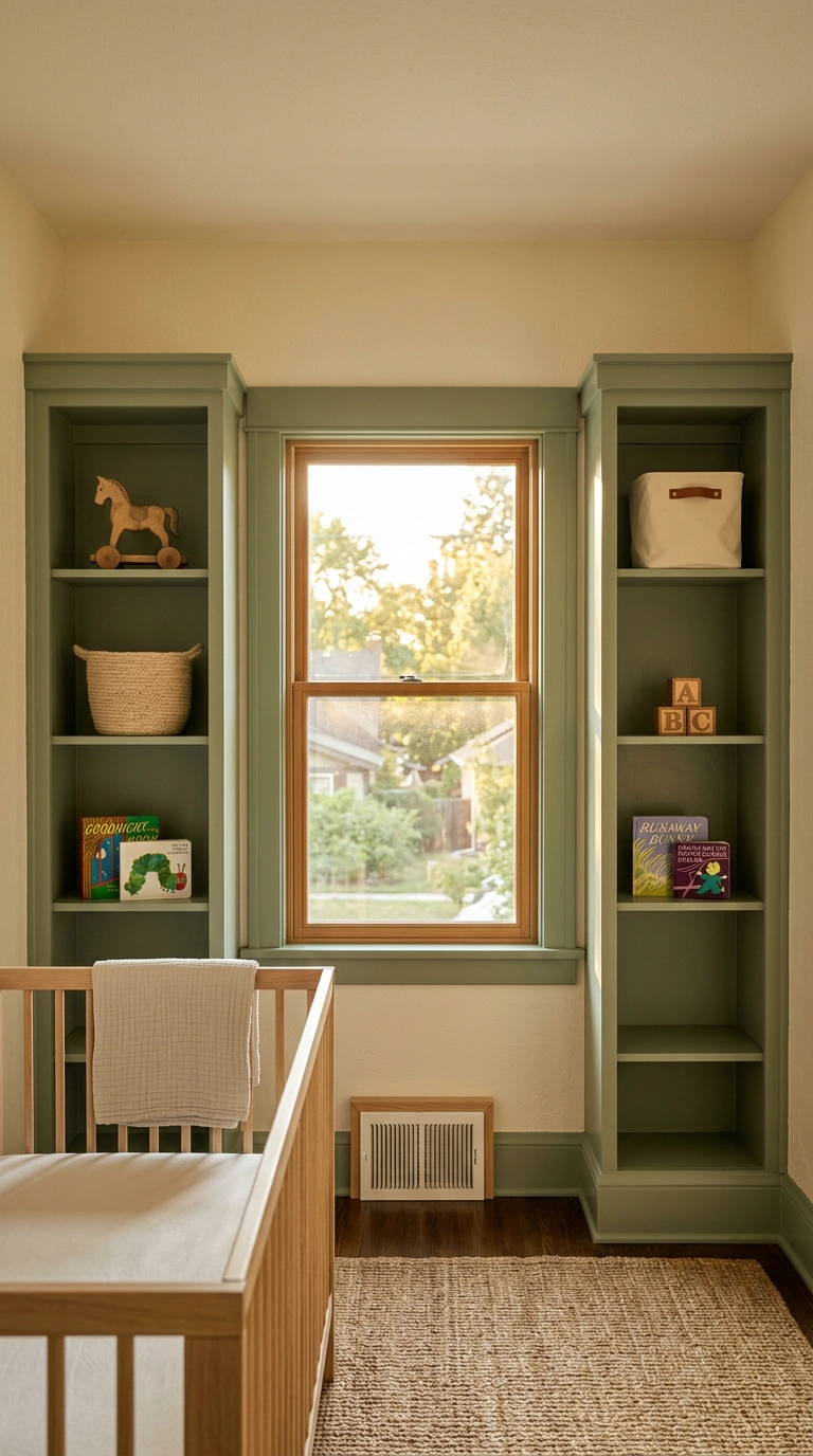 Sage green painted built-in bookshelves flanking a window in a green nursery