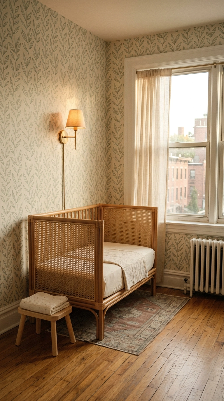Sage green leaf-print peel-and-stick wallpaper in a small rented green nursery with a rattan crib