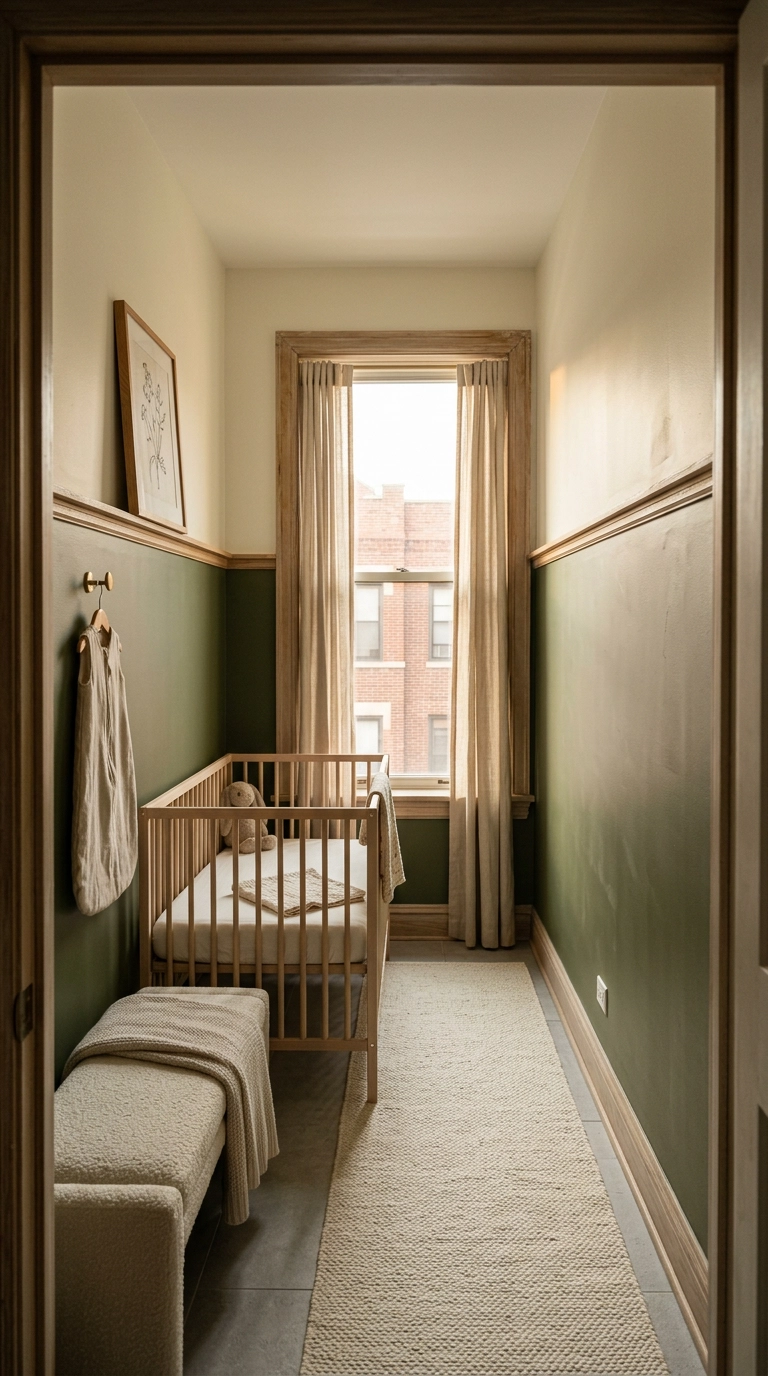 Two-tone green nursery split by a picture rail molding with olive below and cream above