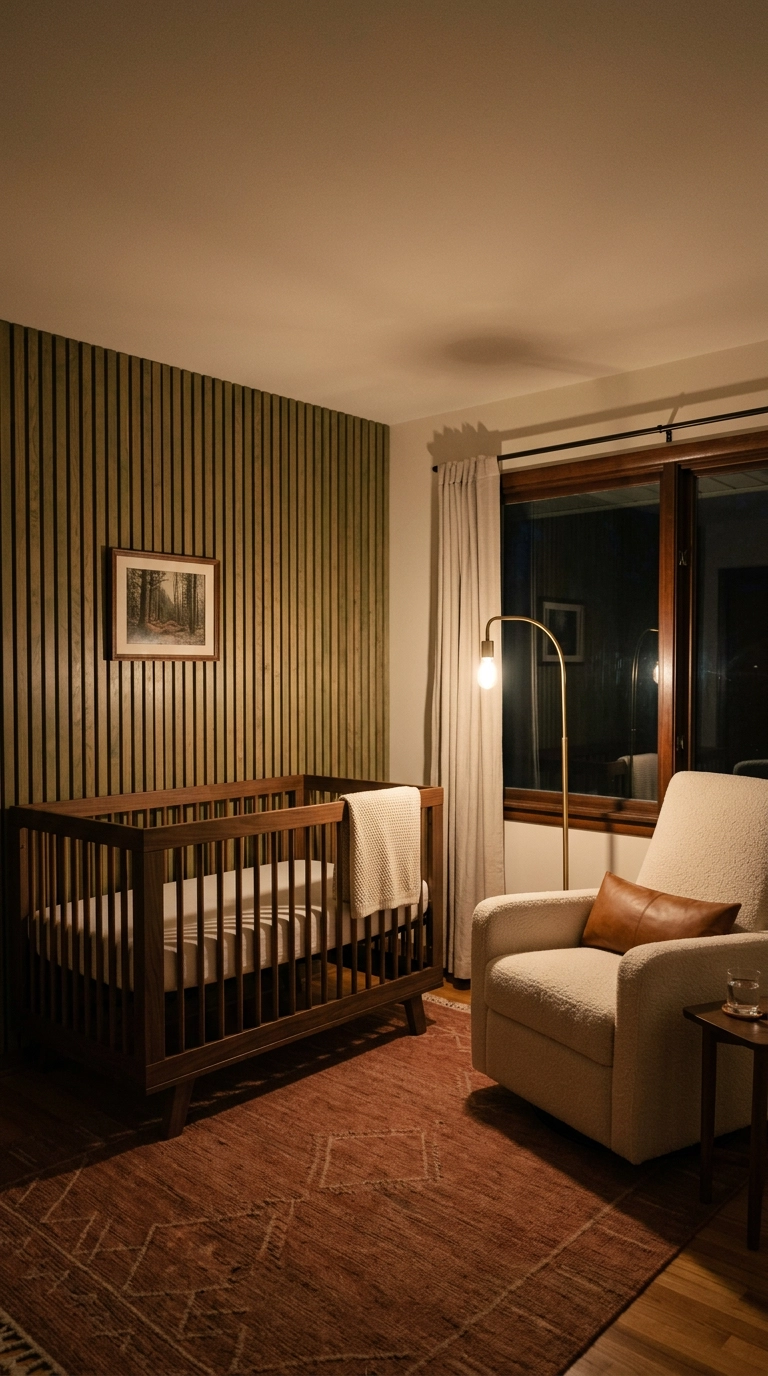 Green-stained vertical oak slat wall behind a walnut crib in a mid-century green nursery