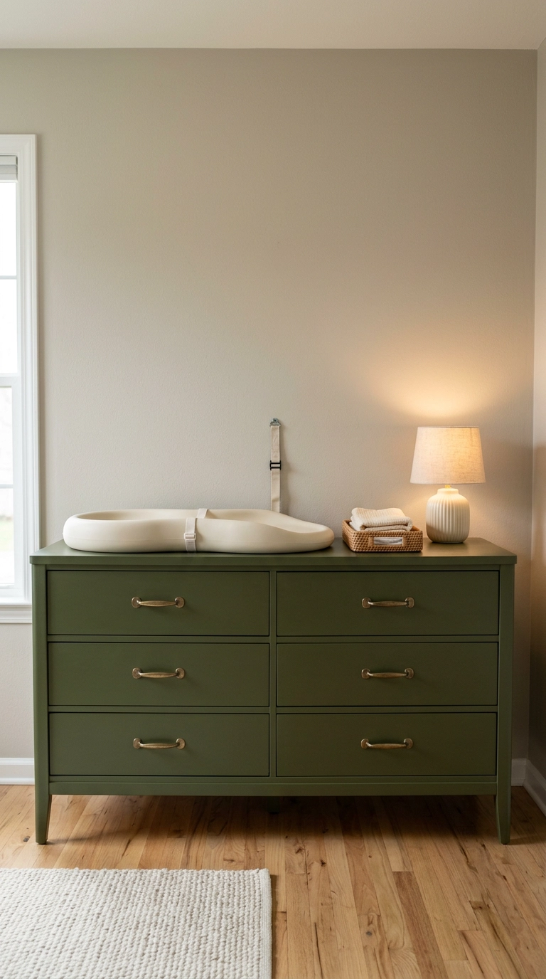 Thrifted dresser painted olive green used as a changing table in a green nursery
