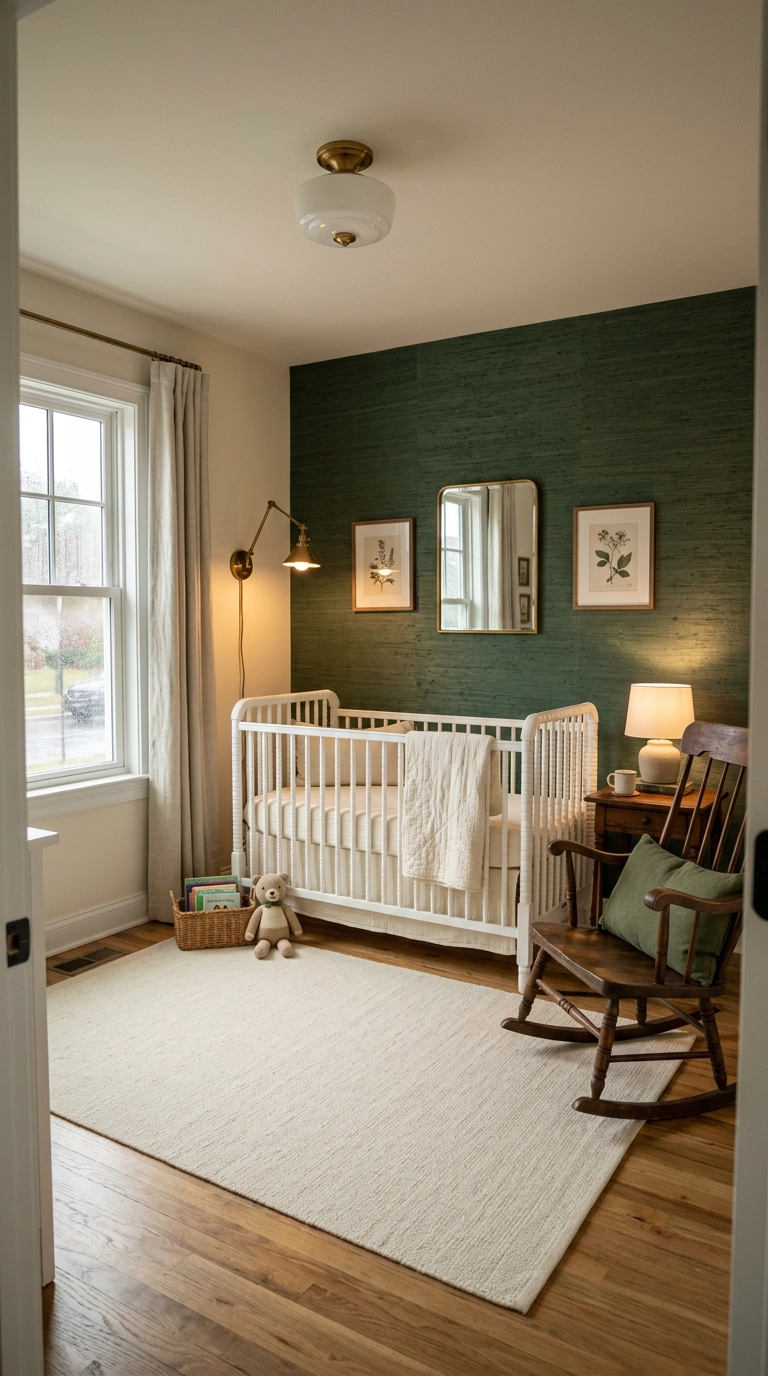 Forest green grasscloth wallpaper accent wall behind a white spindle crib in a green nursery