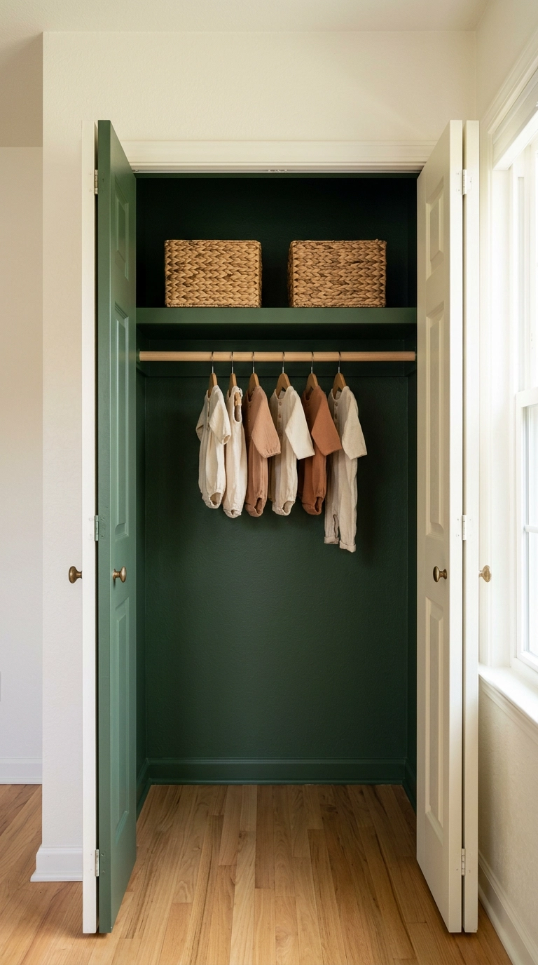 Deep forest green painted nursery closet interior with a dowel rod and two woven baskets
