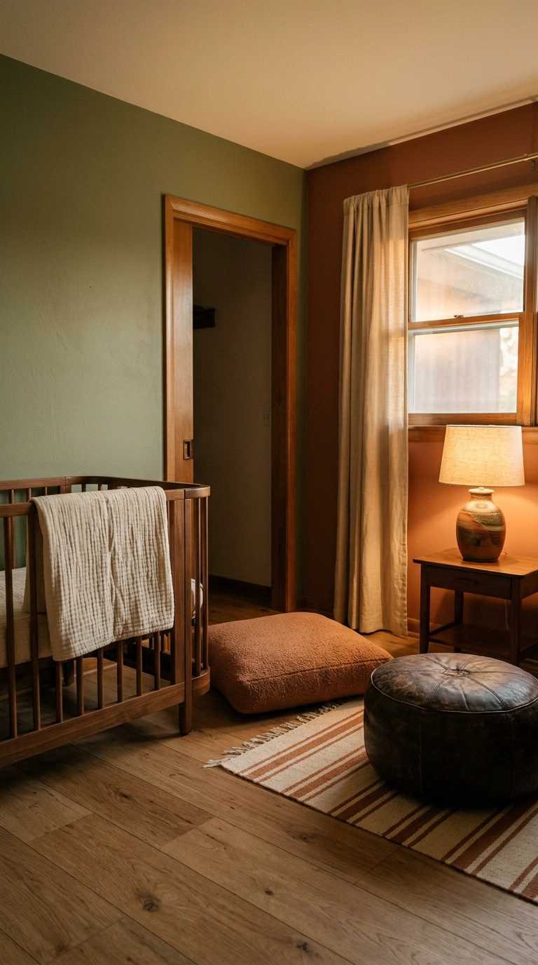 Olive green nursery walls paired with warm terracotta clay accents and a walnut crib