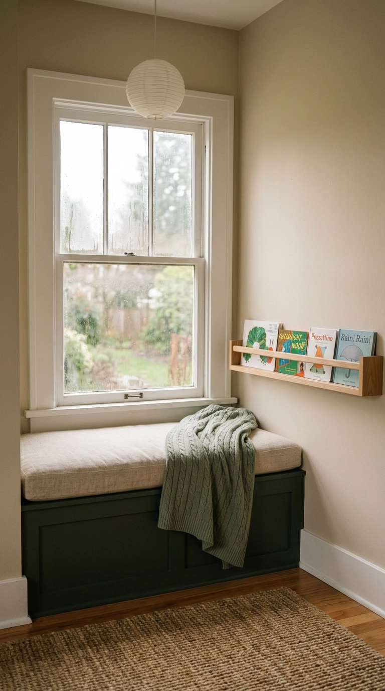 Deep hunter green window seat reading nook with a linen cushion in a green nursery