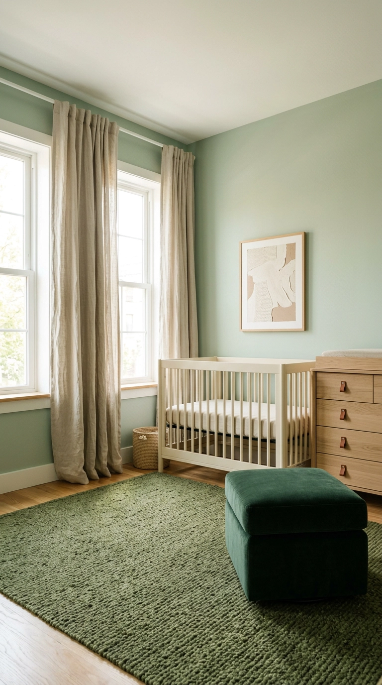 Green nursery layering celadon walls, a moss green rug, and a hunter green ottoman