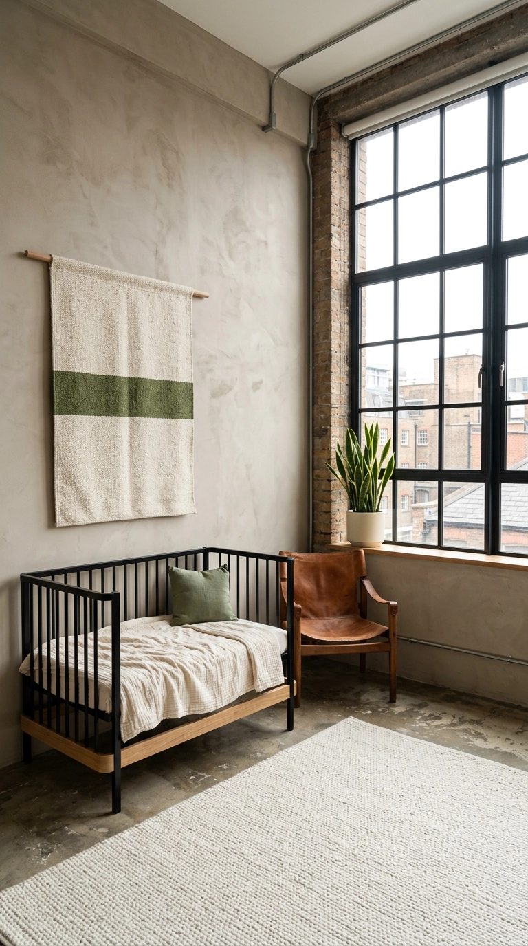 Handwoven cream and moss green wall textile hanging on a dowel in a green nursery