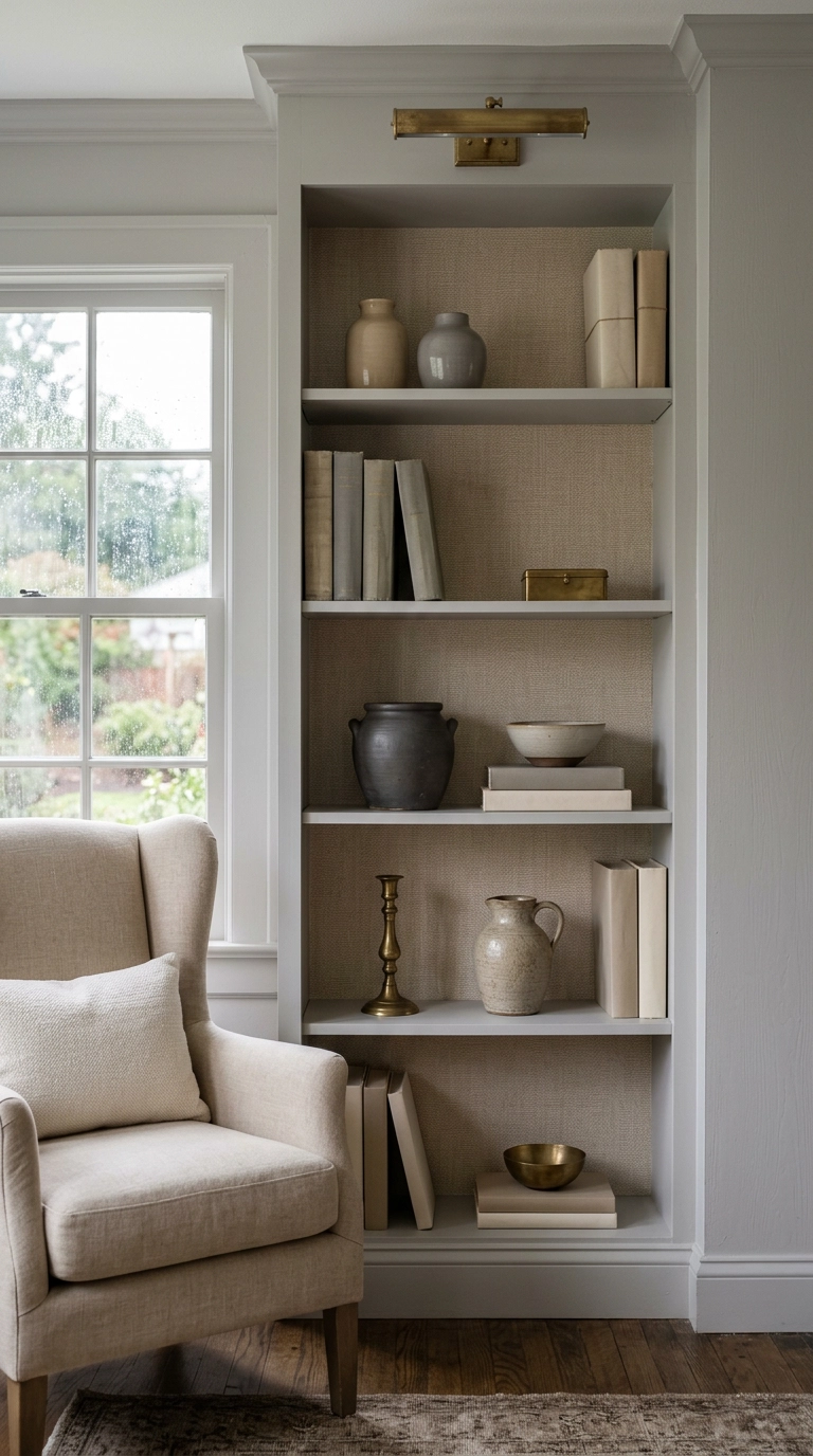 Grey bookcase with beige patterned backing panel in a cottage living room