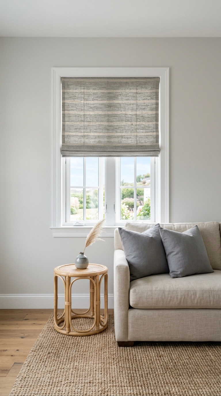 Grey and beige striped Roman shade above a beige linen sofa