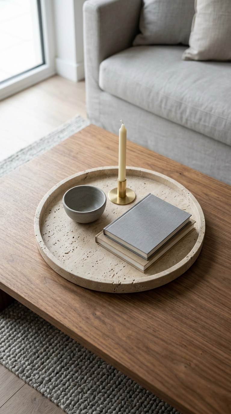 Overhead view of a beige travertine tray styled with three objects on a walnut coffee table