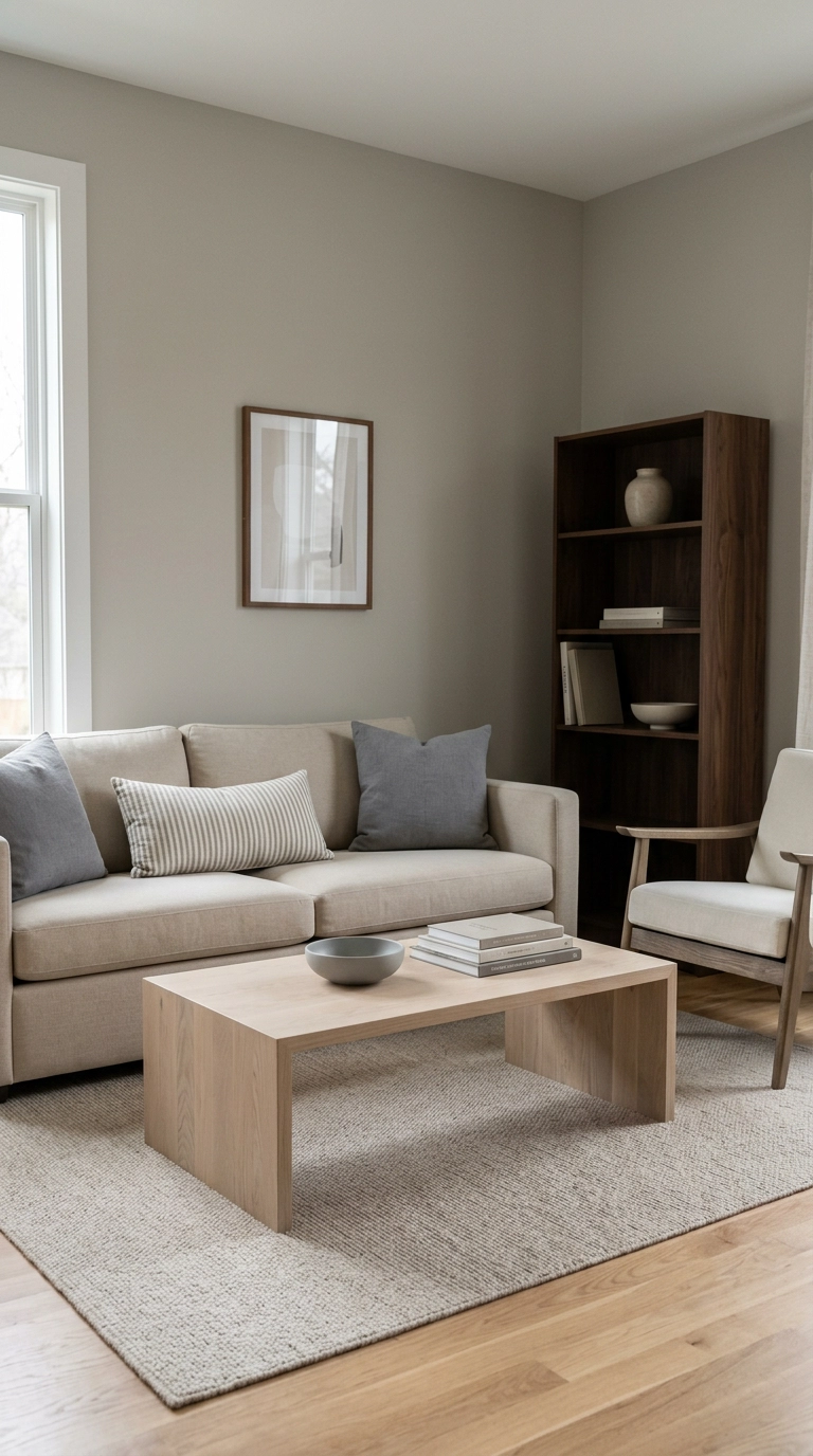 Three mixed wood tones in a greige and beige transitional living room