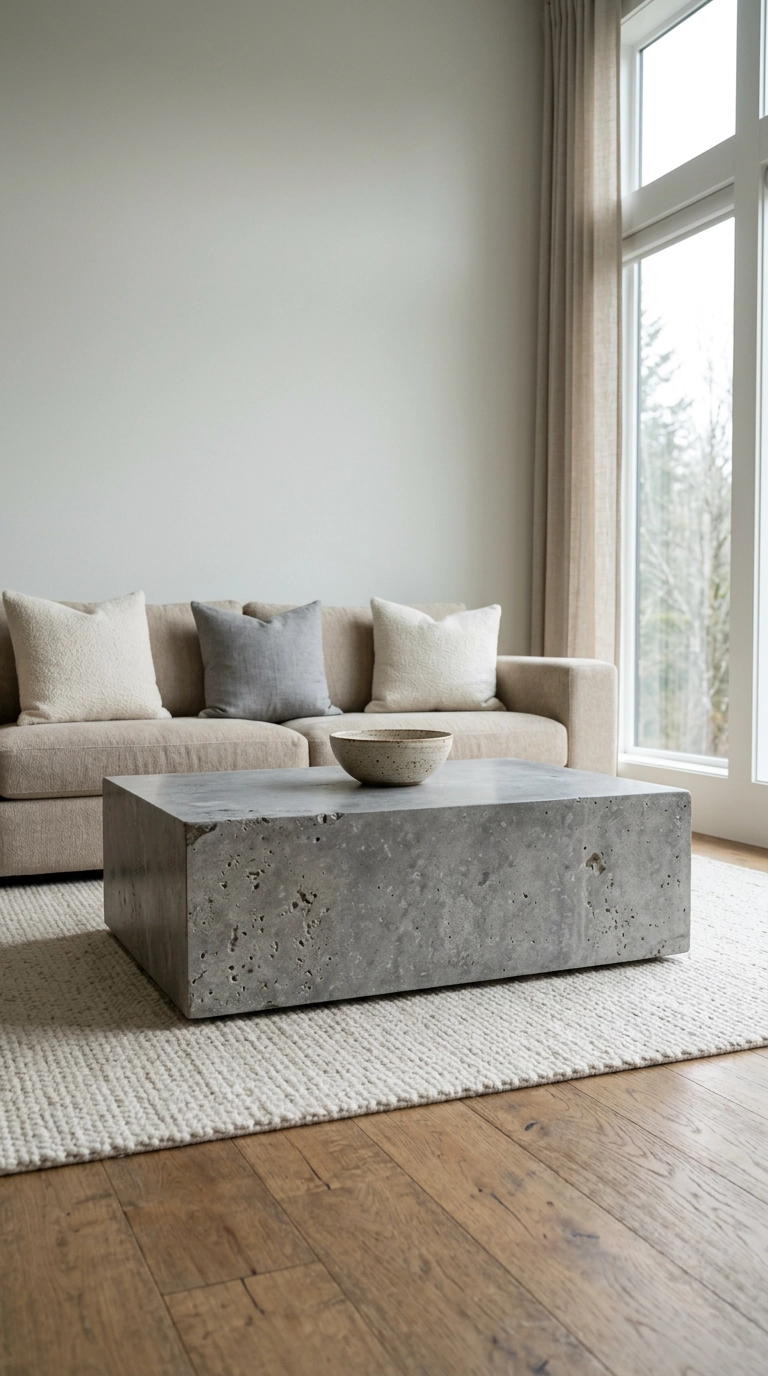 Honed grey limestone coffee table in front of a beige chenille sofa