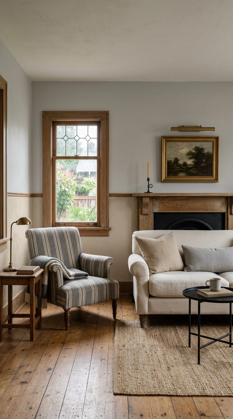 Two-tone beige and grey painted walls with picture rail molding in a cottage living room