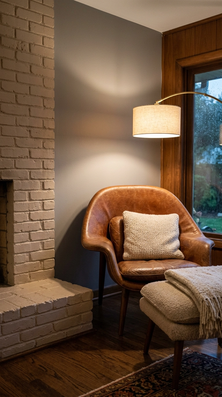 Cognac leather lounge chair against grey walls in a mid-century grey and beige living room